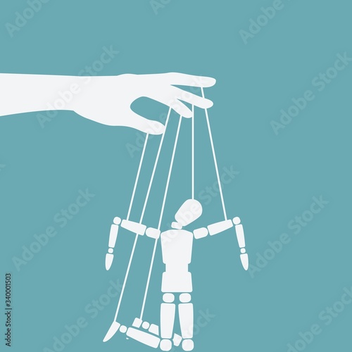 Puppet marionette on ropes is broken man