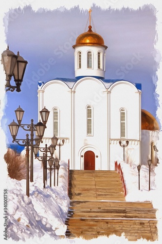 Murmansk. Cityscape. Temple of the Savior on Waters. Imitation of a picture. Oil paint. Illustration