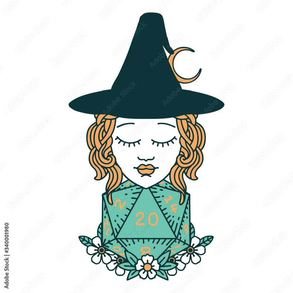 human witch with natural twenty dice roll illustration