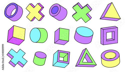 Set of simple geometic 3D elements in bauhaus neo-memphis retro style, colored in punchy pastel color scheme. Abstract geometric background for poster, cover, print.