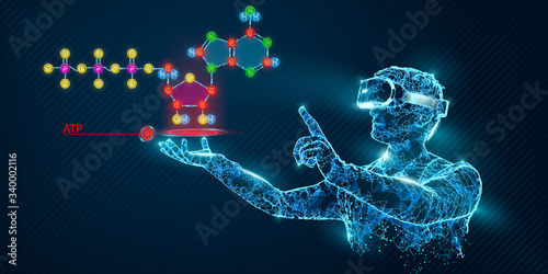 VR wireframe headset vector banner. Polygonal man wearing virtual reality glasses, with holographic of atp acid. Science, diagnostics, virtual analytics, analysis. VR games. Thank you for watching photo