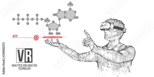 VR wireframe headset vector banner. Polygonal man wearing virtual reality glasses, with holographic of atp acid. Science, diagnostics, virtual analytics, analysis. VR games. Thank you for watching
