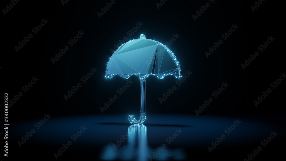 3d rendering wireframe neon glowing symbol of umbrella09 on black background with reflection
