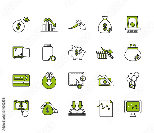 financial arrows and financial broke icon set, half color half line style