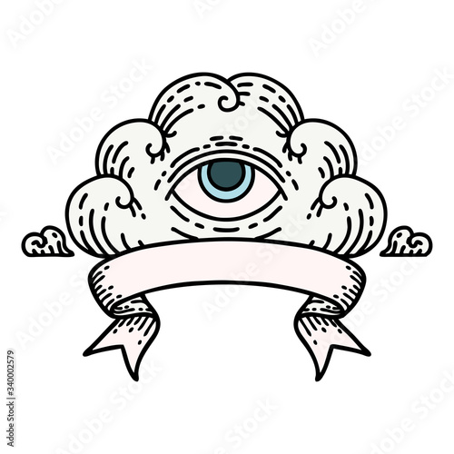 tattoo with banner of an all seeing eye cloud