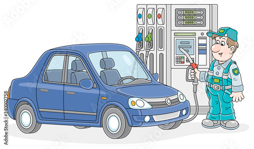 Car at a gas station with a refueling worker holding a fuel nozzle near a dispenser, vector cartoon illustration isolated on a white background photo