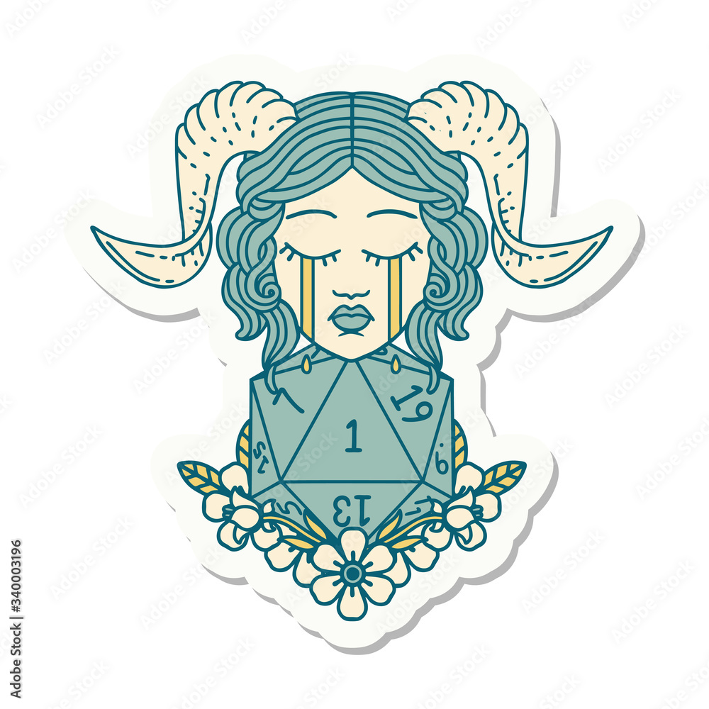 crying tiefling with natural one D20 dice roll sticker crying tiefling with natural one D20 dice roll sticker