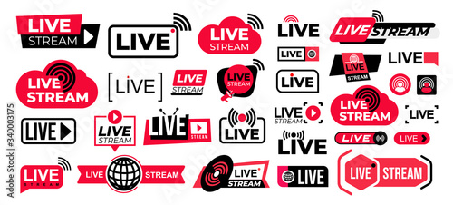 Mega set of live streaming vector icons. Red and black symbols and buttons of live streaming, broadcasting, online stream. Design for tv shows movies and live performances isolated on white background photo