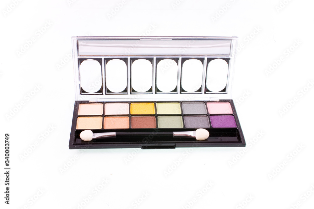 palette with colorful eye shadows on white isolated background palette with colorful eye shadows on white isolated background