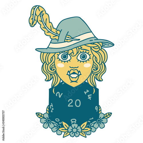 half orc bard with natural twenty dice roll  illustration