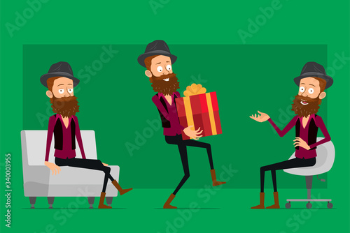 Cartoon flat funny cute hipster bearded boy character in black hat. Ready for animations. Sitting and resting on sofa. Walking with holiday gift. Isolated on green background. Big vector icon set.