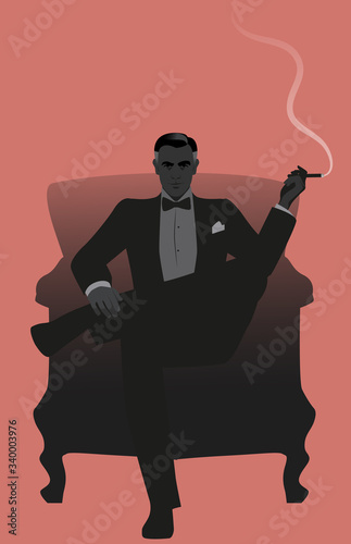 Elegant gentleman dressed in a tailcoat, sitting on an armchair and smoking a cigar, isolated on white background. Retro style.