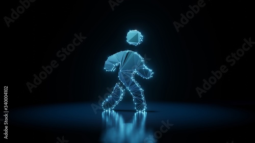 3d rendering wireframe neon glowing symbol of walking on black background with reflection