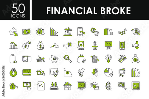 financial broke icon set, half color half line style
