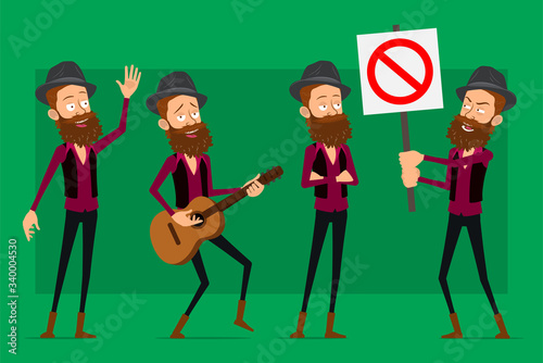 Cartoon flat funny cute hipster bearded boy character in black hat. Ready for animations. Happy musician with guitar and stop sign. Isolated on green background. Big vector icon set.