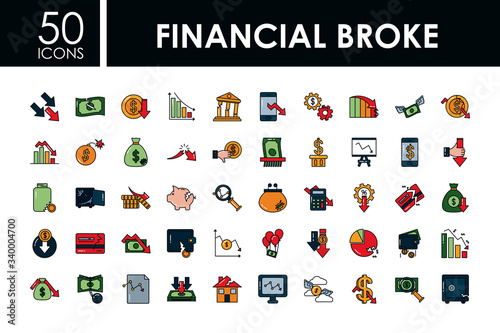 financial broke icon set, line and fill style