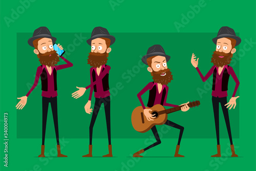 Cartoon flat funny cute hipster bearded boy character in black hat. Ready for animations. Man talking on smartphone and playing on guitar. Isolated on green background. Big vector icon set.