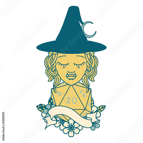 half orc witch character with natural twenty dice roll illustration