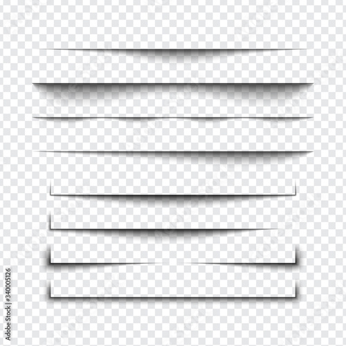 Set of realistic shadow effect on a transparent background, page separation vectors