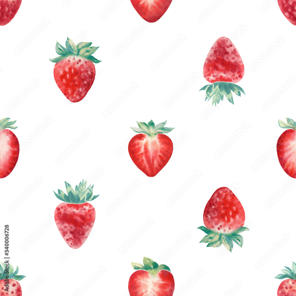 Hand painted watercolor seamless pattern with strawberries on white background. Perfect for wrappers, wallpapers, textile, postcards, greetings, wedding invitations, romantic events.