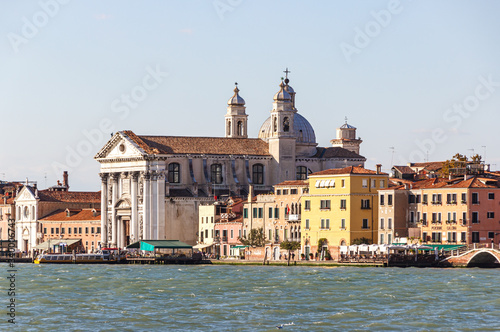 Water channels of Venice city. Fondamenta delle Zattere ai Gesuati church on Grand Canal in Venice, Italy.