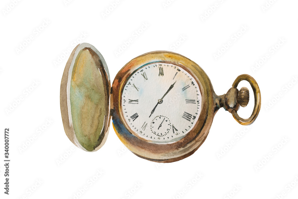 Watercolor of opened old vintage pocket clock isolated on white background