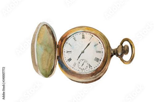 Watercolor of opened old vintage pocket clock isolated on white background
