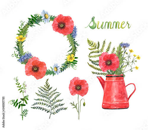 Watercolor summer flowers illustration. Wildflower bouquet in a rustic vintag...