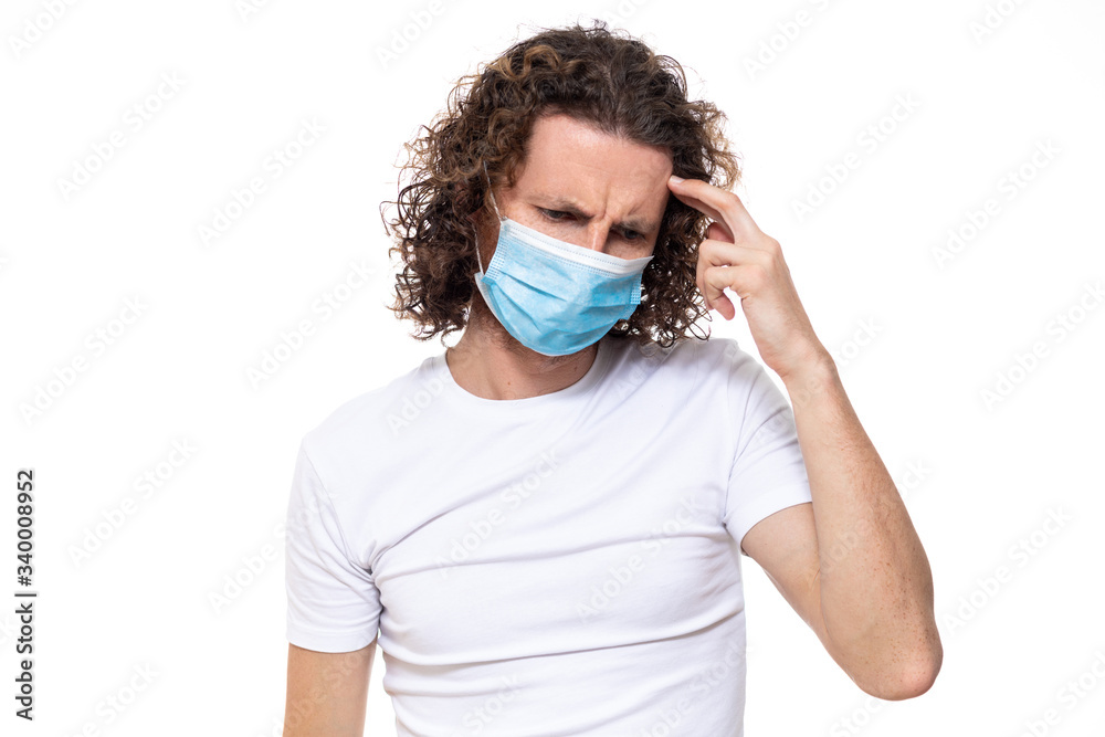 Man in medical mask. Pandemic coronavirus epidemic covid-19 quarantine isolated white Man in medical mask. Pandemic coronavirus epidemic covid-19 quarantine isolated white