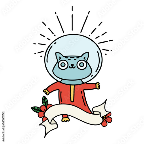 banner with tattoo style cat in astronaut suit