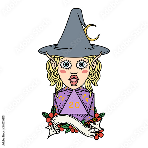elf mage character with natural twenty dice roll illustration