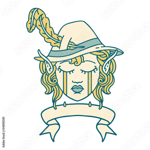 crying elf bard character face with banner illustration