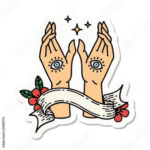 tattoo sticker with banner of mystic hands