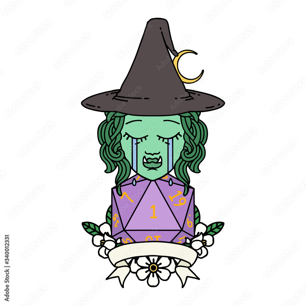 crying half orc witch character with natural one roll illustration crying half orc witch character with natural one roll illustration