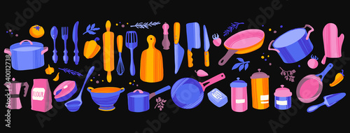 Set of kitchenware and utensils hand drawn vector illustrations.