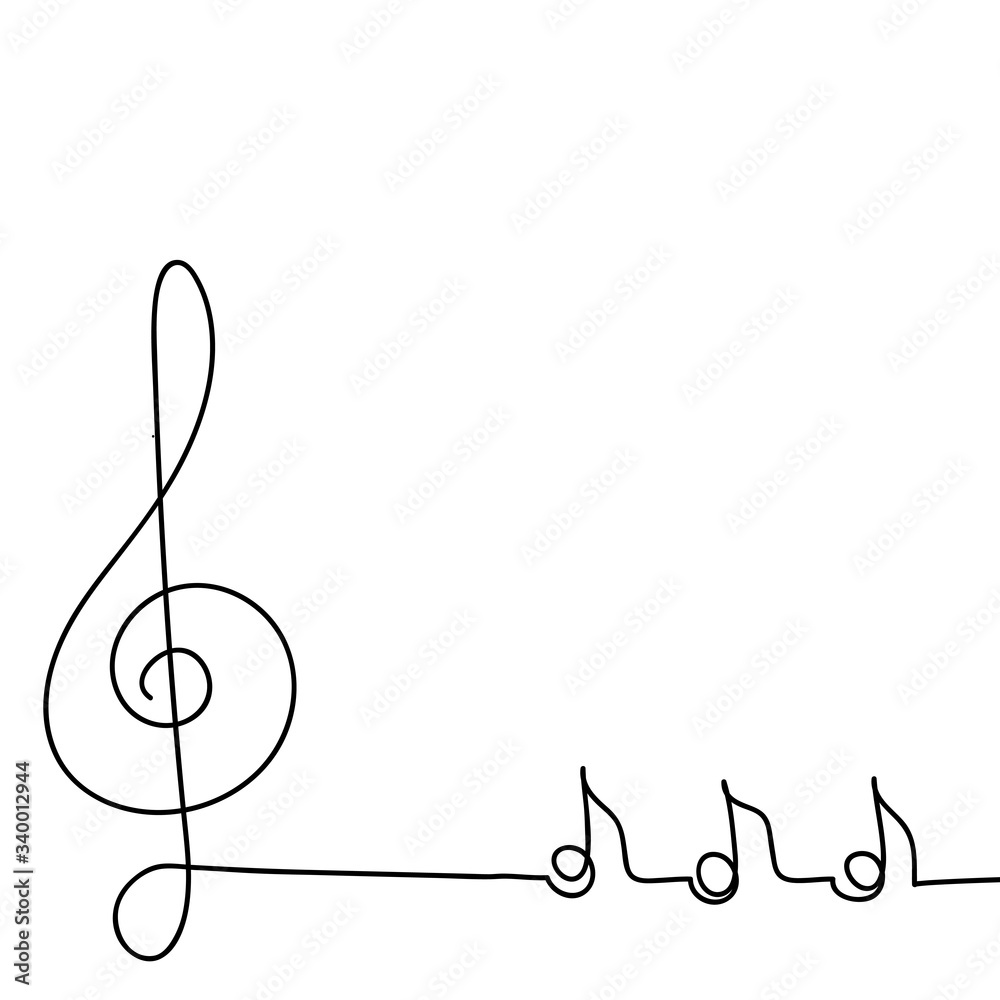 Hand-drawn musical concept. Poster of a musical concert or festival. Continuous drawing of a single line, a vector design template in a linear style. Abstract hand. Treble clef and notes Hand-drawn musical concept. Poster of a musical concert or festival. Continuous drawing of a single line, a vector design template in a linear style. Abstract hand. Treble clef and notes