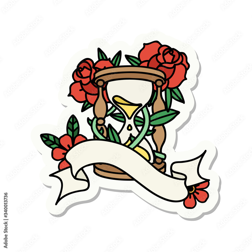 tattoo sticker with banner of an hour glass and flowers tattoo sticker with banner of an hour glass and flowers