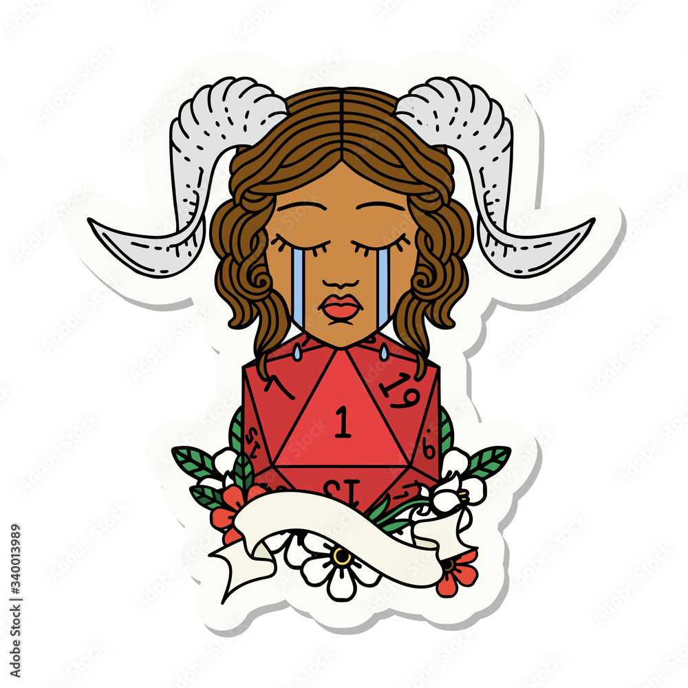 crying tiefling with natural one D20 roll sticker crying tiefling with natural one D20 roll sticker