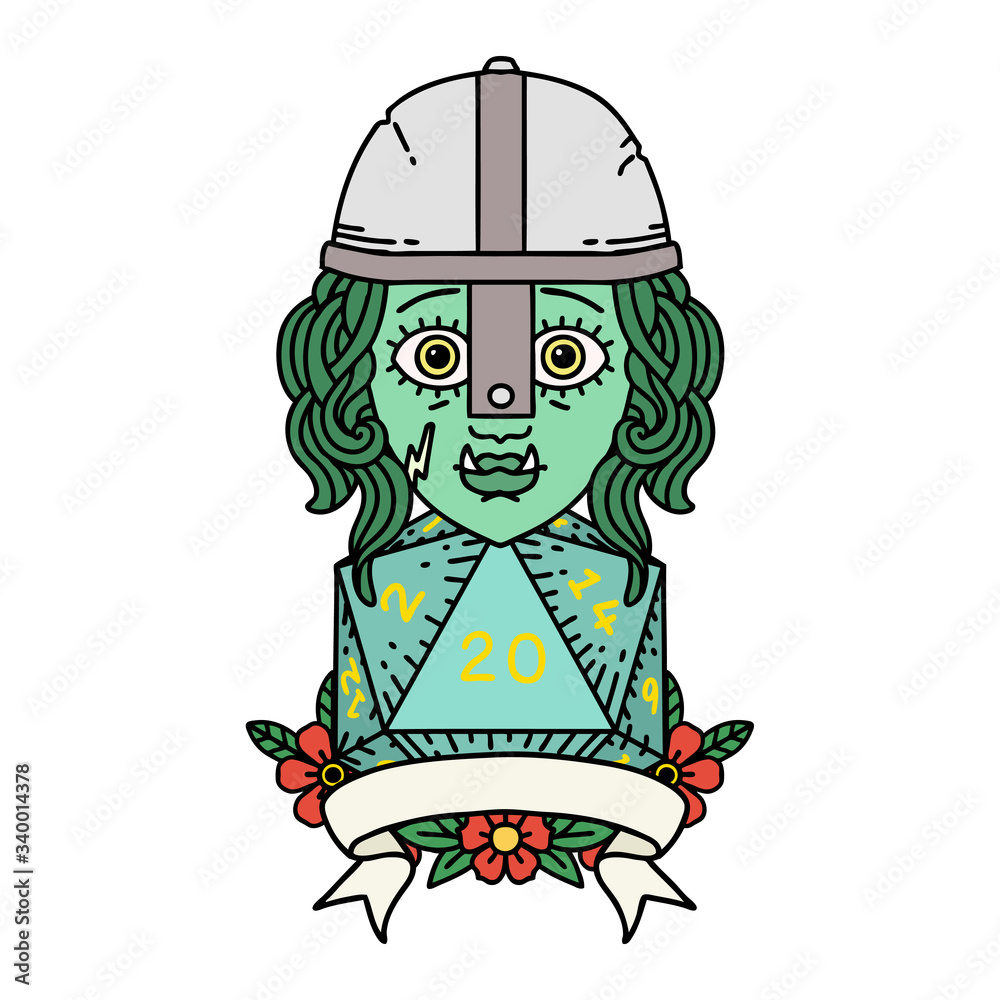 half orc fighter with natural twenty dice roll illustration