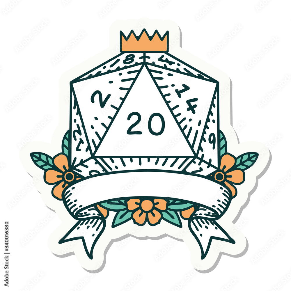 natural 20 critical hit D20 dice roll sticker