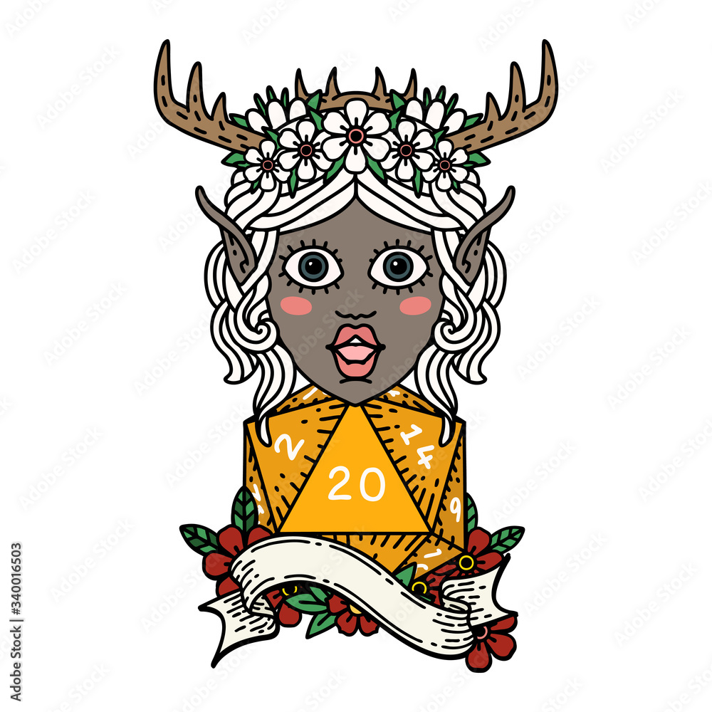 elf druid character with natural twenty dice roll illustration elf druid character with natural twenty dice roll illustration