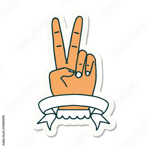peace two finger hand gesture with banner sticker