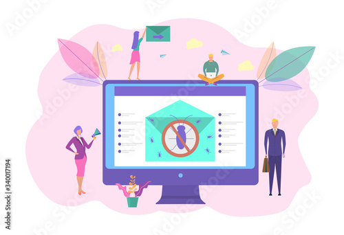 People are testing new software. Search for the virus. The virus enters a computer or smartphone through a mailbox. Beta testing or testing a new product, antivirus sale concept.
