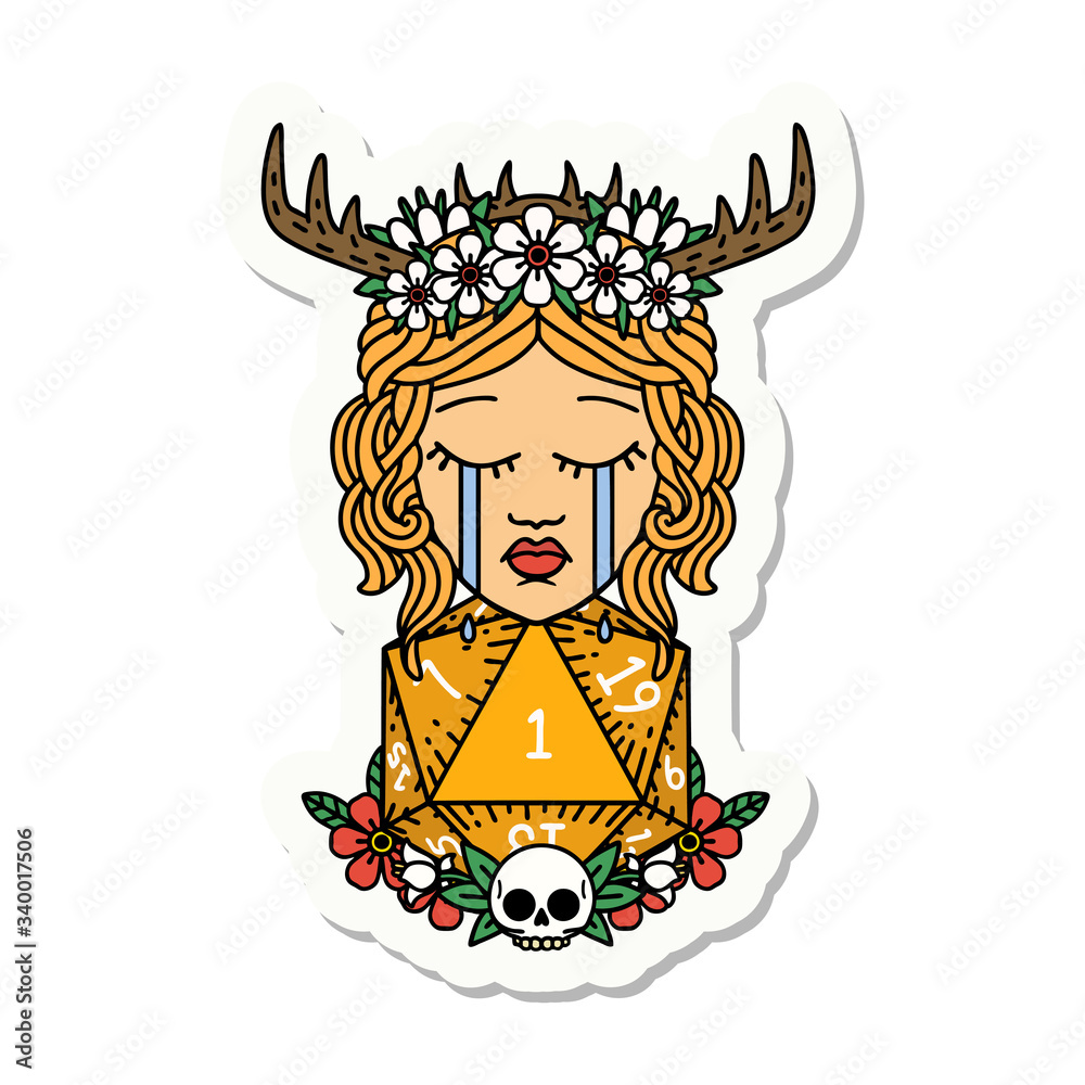 crying human druid with natural one D20 roll sticker crying human druid with natural one D20 roll sticker
