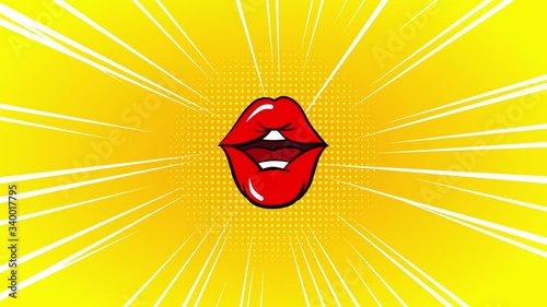 Hand drawing animation animated lips kiss. Cartoon looping animation in pop art style. 4k.