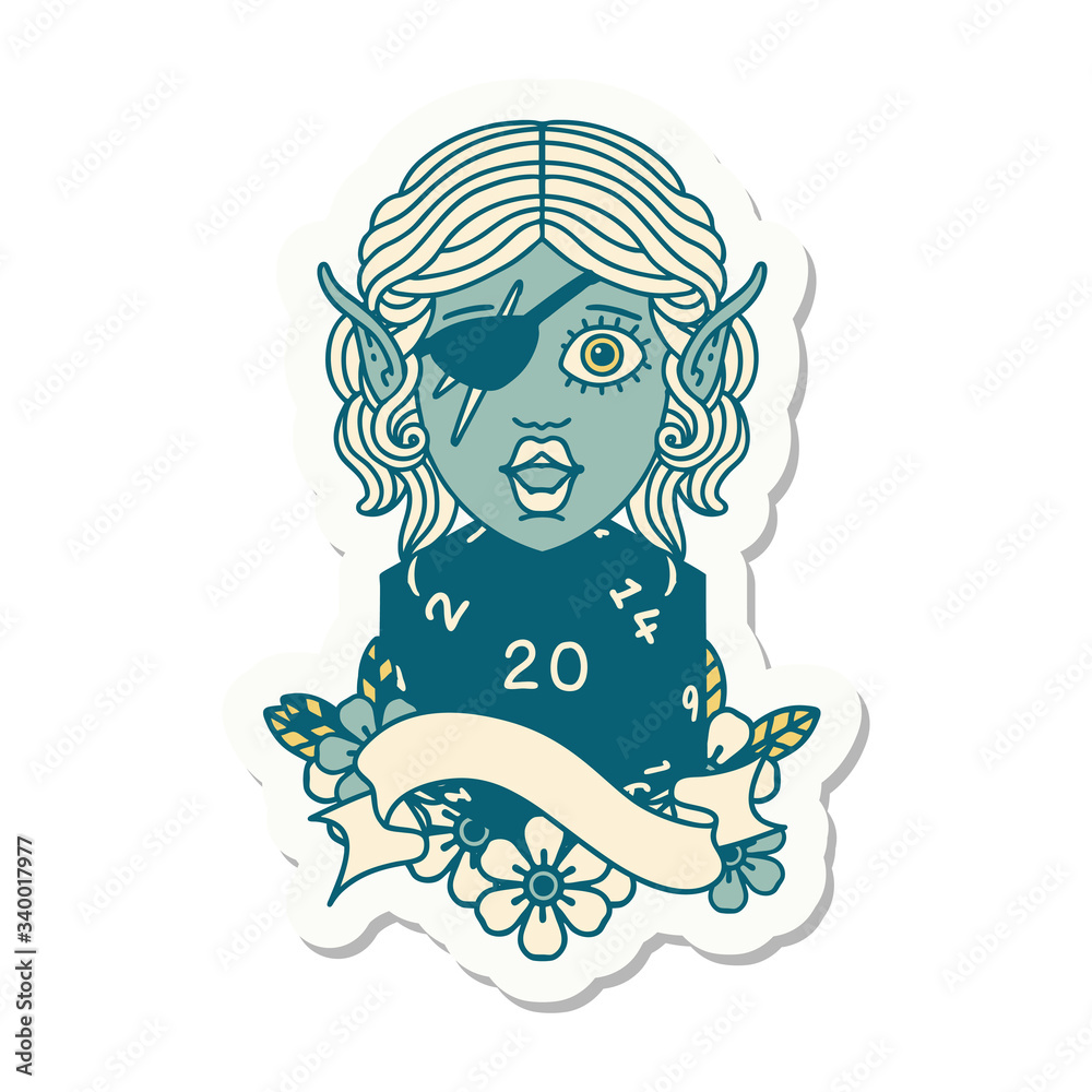 elf rogue character with natural twenty dice roll sticker elf rogue character with natural twenty dice roll sticker