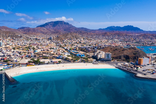 Fototapeta Naklejka Na Ścianę i Meble -  Aerial view of Laginha beach in Mindelo city in Sao Vicente Island in Cape Verde
