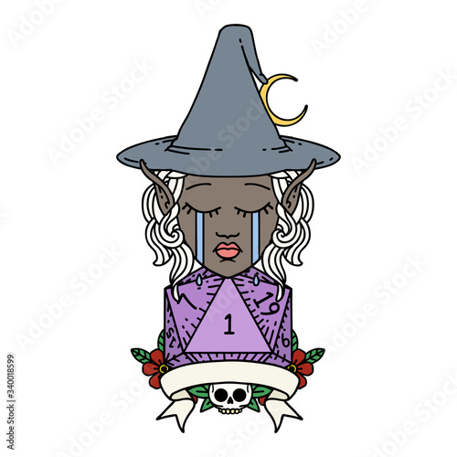 crying elf mage character with natural one dice roll illustration
