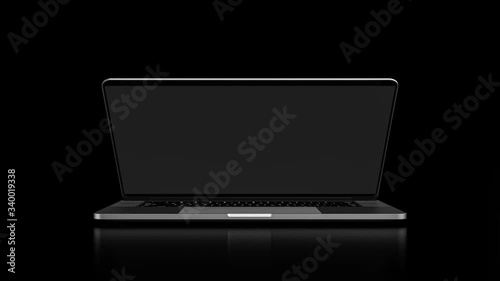 Laptop with blank screen isolated on black background. Whole in focus. 4K 