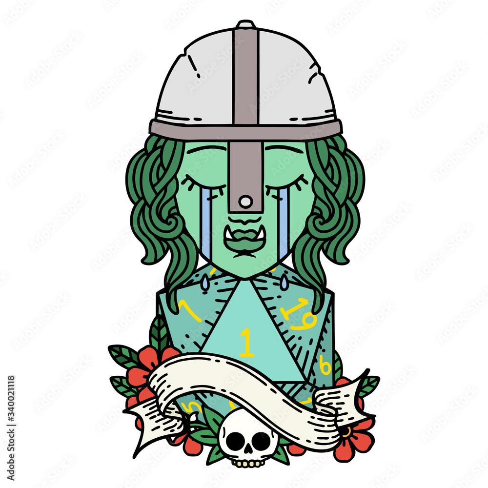 crying orc fighter character face with natural one D20 roll illustration crying orc fighter character face with natural one D20 roll illustration